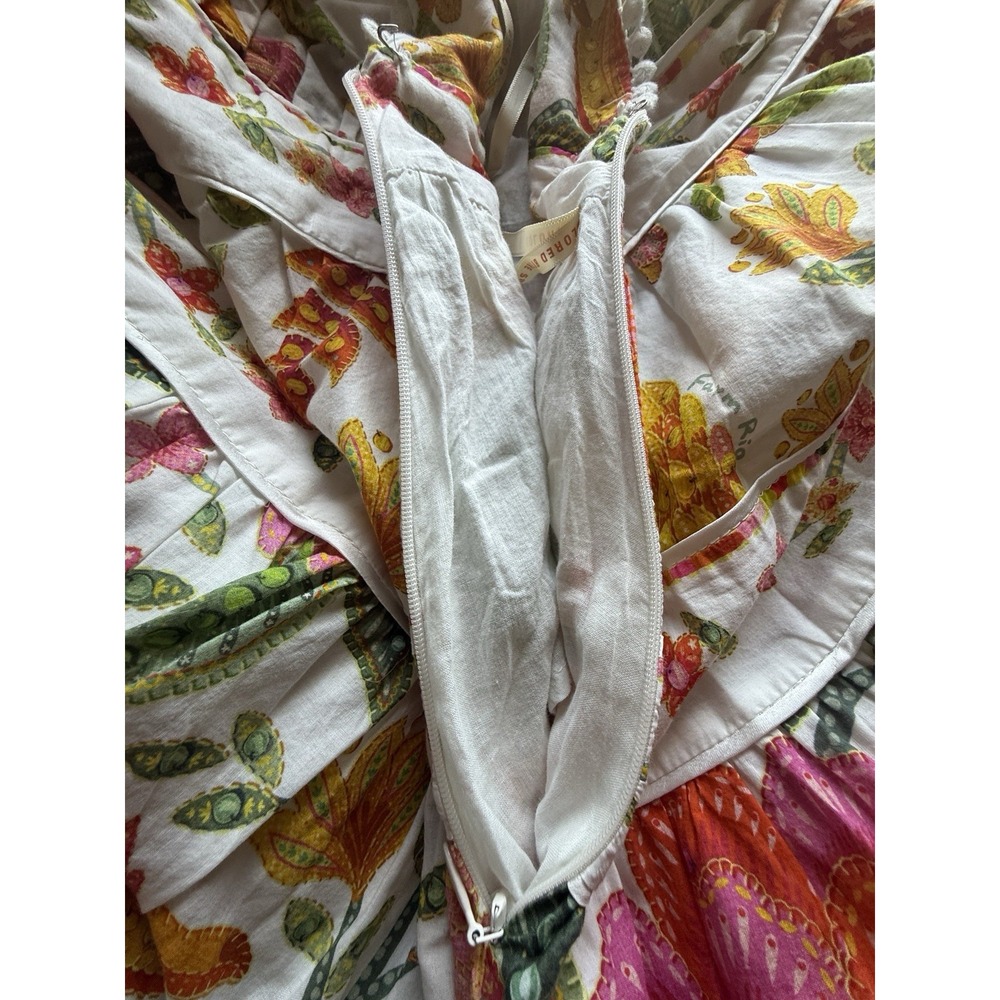 Farm Rio Macaw Bloom Tie Shoulder Mini Dress Large Ruffle Botanical Floral Zip - Picture 11 of 16